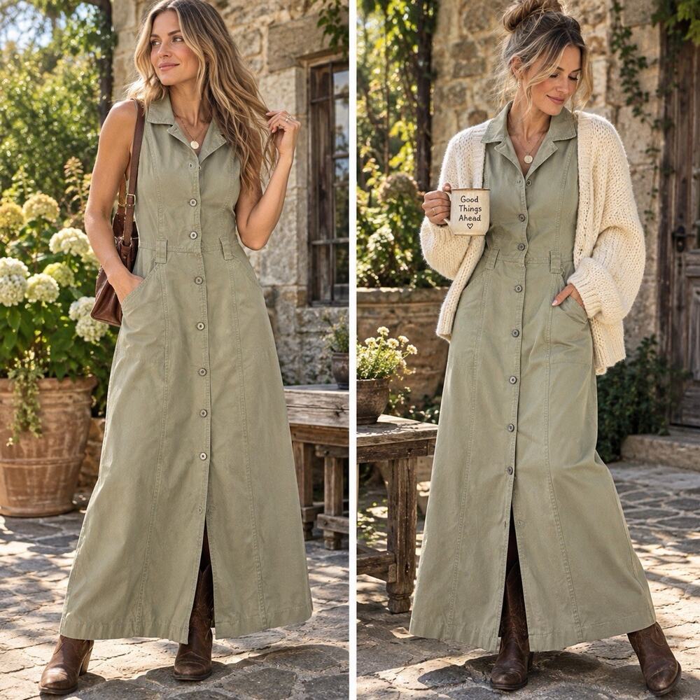 Vtg 90s Bill Blass Sz 8 Khaki Maxi Dress Button Front Safari Utility Minimalist